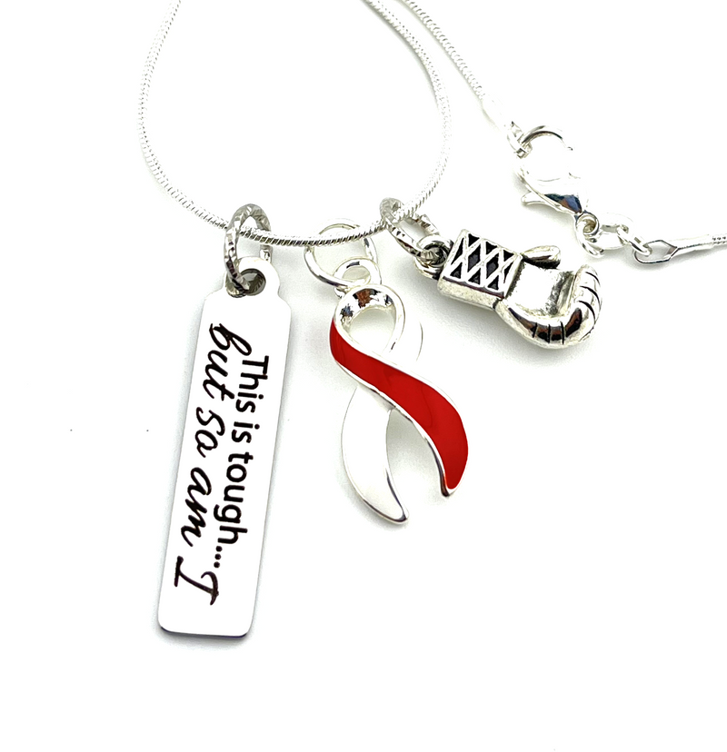 Red & White Ribbon - This Is Tough, But So Am I / Boxing Glove Necklace