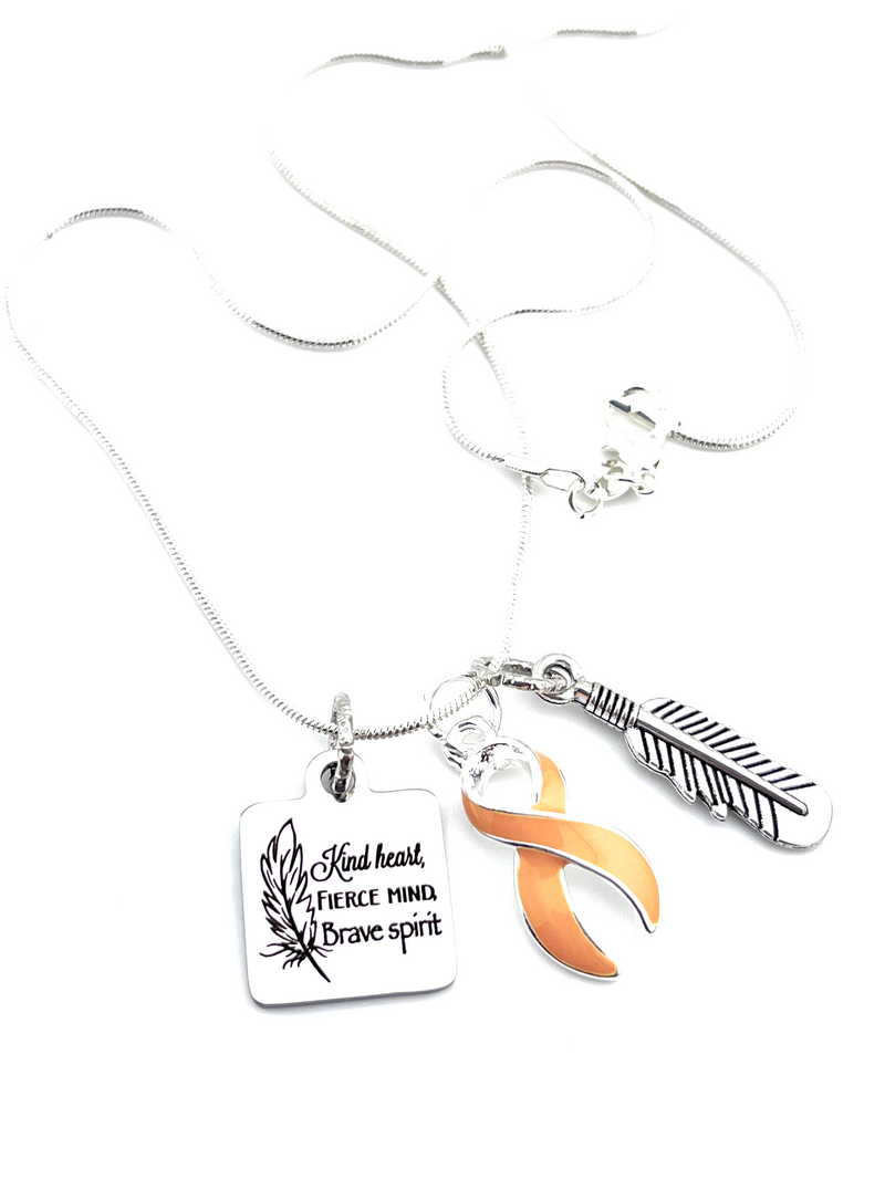 Peach Ribbon Necklace - Kind Heart, Fierce Mind, Brave Spirit Feather Necklace