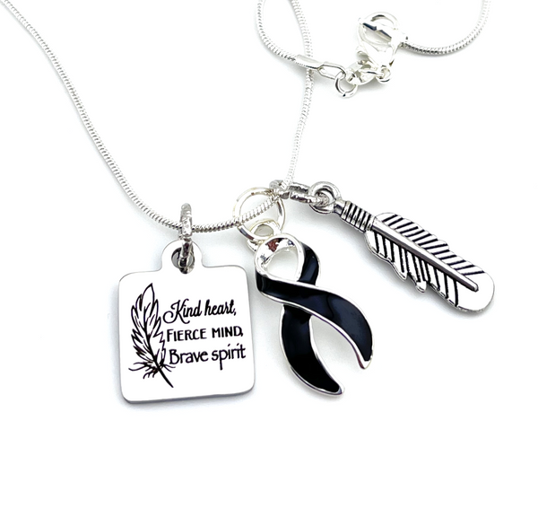 Black Ribbon Necklace - Kind Heart, Fierce Mind, Brave Spirit / Feather Necklace