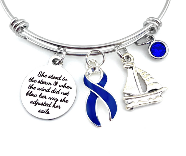 Dark Navy Blue Ribbon Bracelet - She Stood In The Storm /Adjusted Her Sails