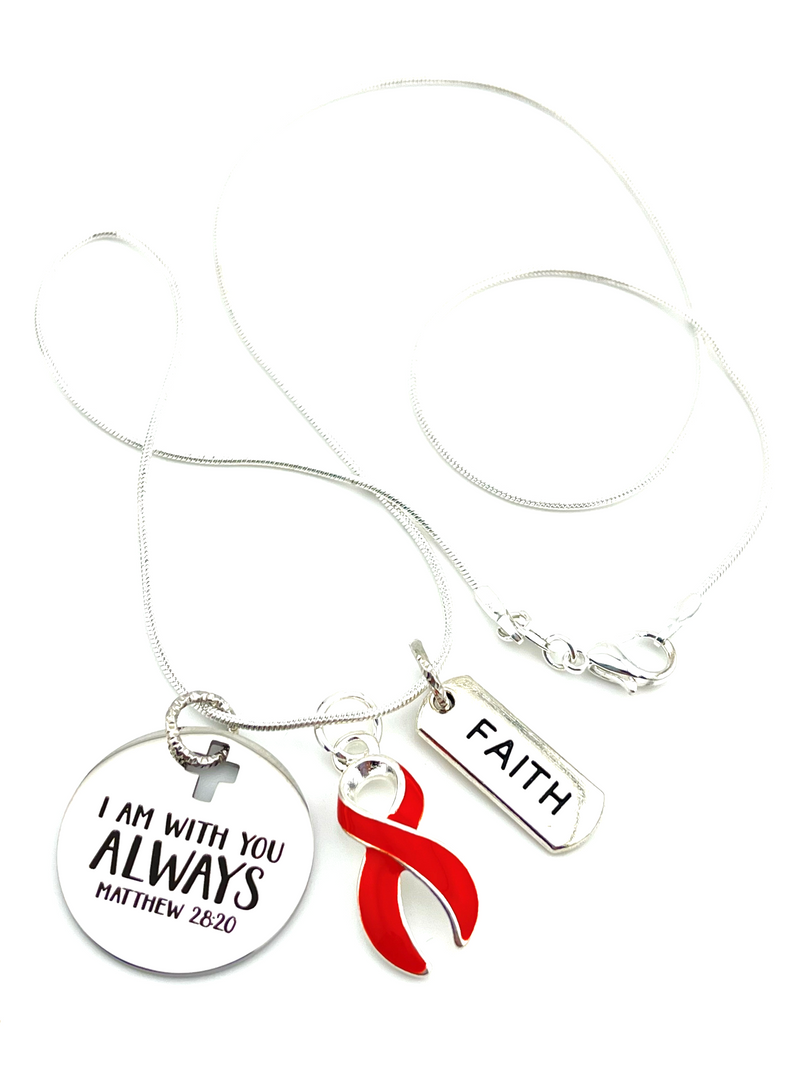 Red Ribbon Necklace - I Am With You Always - Matthew 28:20