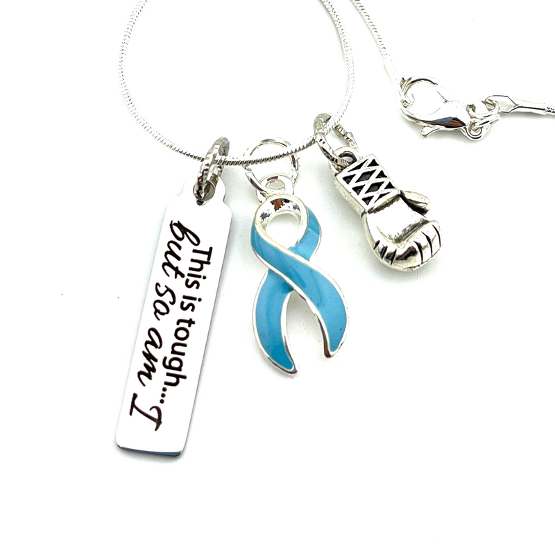 Light Blue Ribbon Necklace - This is Tough... but so Am I / Boxing Glove Necklace