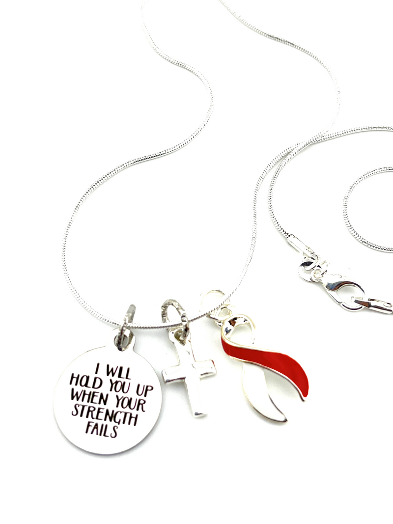 Red & White Ribbon - I Will Hold You Up When Your Strength Fails Necklace