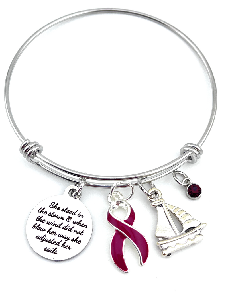 Burgundy Ribbon Charm Bracelet - She Stood In The Storm / Adjusted Her Sails