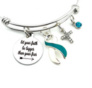 Teal & White Ribbon Charm Bracelet - Let Your Faith be Bigger than your Fear - Rock Your Cause Jewelry