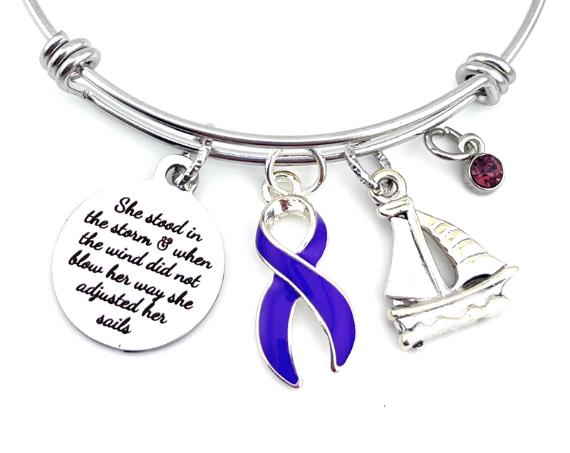 Purple Ribbon Charm Bracelet - She Stood in the Storm / She Adjusted Her Sails