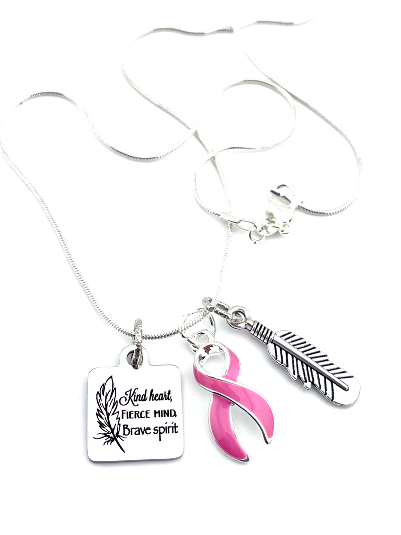 Pink Ribbon Necklace  - Kind Heart, Fierce Mind, Brave Spirit