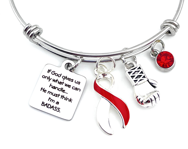 Red & White Ribbon Charm Bracelet - If God gives Us Only What We Can Handle ... He Must Think I'm a Badass