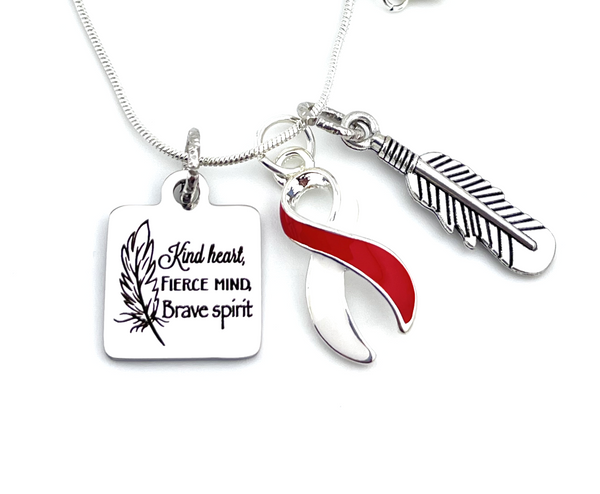 Red & White Ribbon Feather Necklace - Kind Heart, Fierce Mind, Brave Spirit