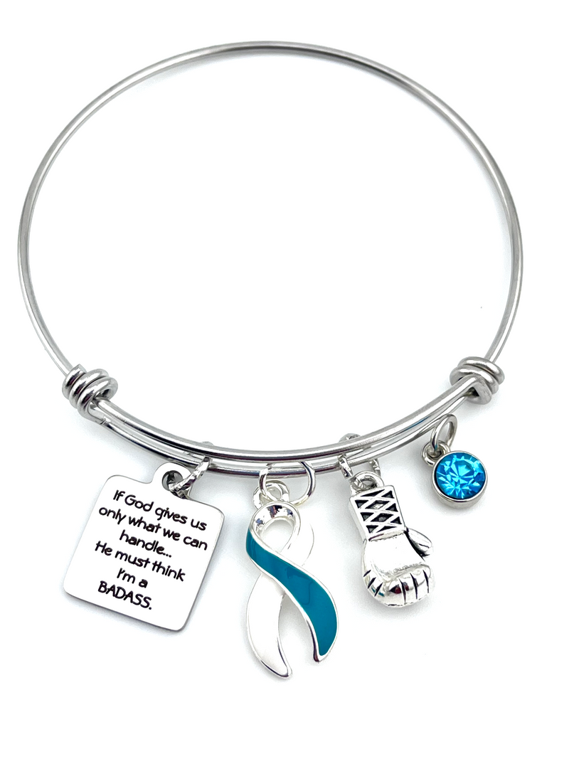 Teal & White Ribbon Bracelet -  If God Gives Us Only What We Can Handle ... He Must Think I'm a BADASS