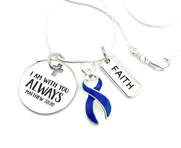 Dark Navy Blue Ribbon Necklace - I Am With You Always / Matthew 28:20