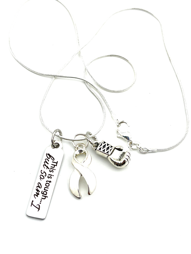 White Ribbon Necklace - This is Tough, But So Am I / Boxing Glove