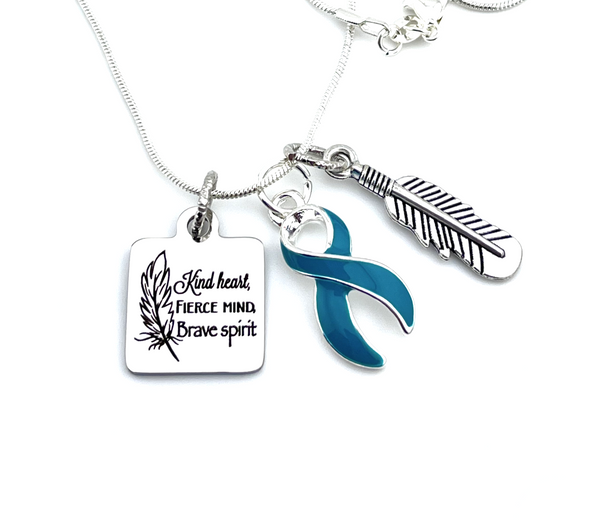 Teal Ribbon Necklace - Kind Heart, Fierce Mind, Brave Spirit