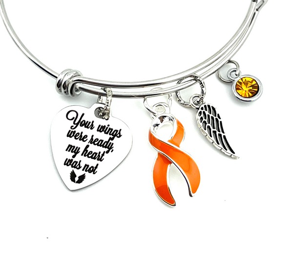 Orange Ribbon Memorial / Sympathy Charm Bracelet - Your Wings Were Ready, My Heart Was Not