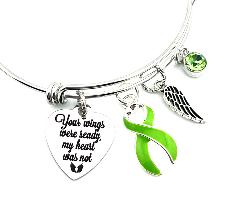 Lime Green Ribbon Sympathy Memorial Bracelet - Your Wings Were Ready, My Heart Was Not