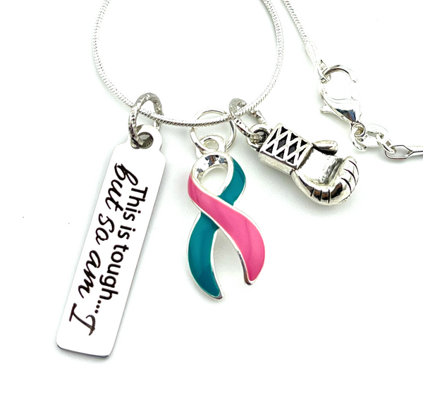 Pink and Teal (Previvor) Ribbon -  This is Tough - Boxing Glove / Warrior Necklace