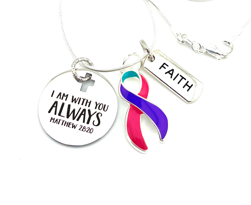 Pink Purple Teal (Thyroid) Cancer Awareness Necklace - I Am With You Always, Matthew 28:20