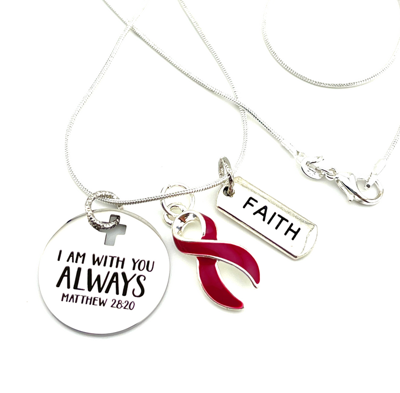 Burgundy Ribbon Necklace - I Am With You Always - Matthew 28:20