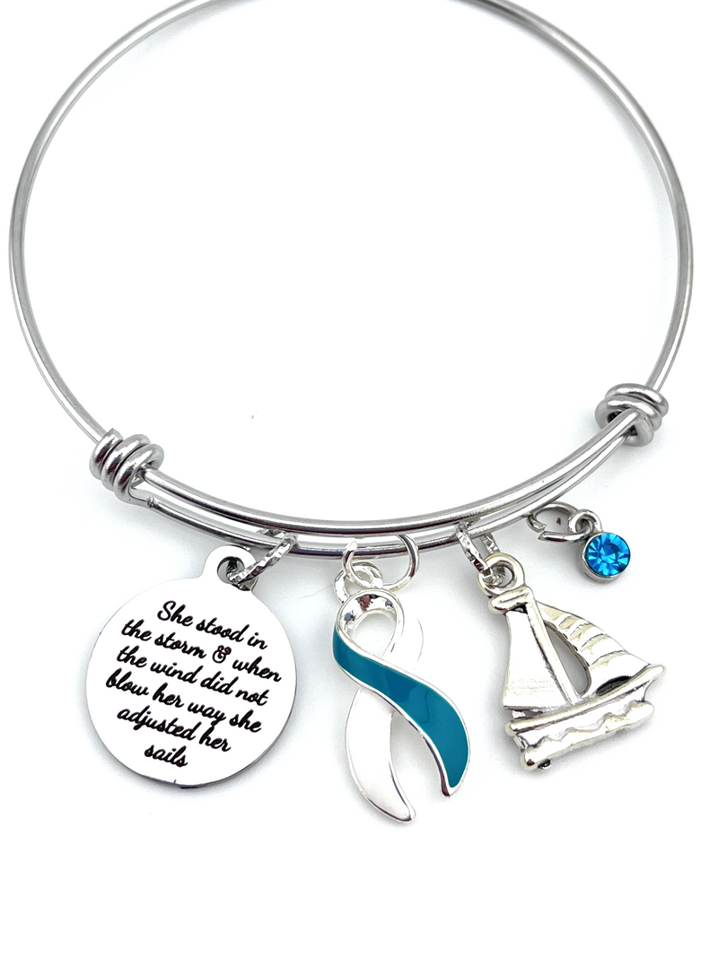 Teal & White Ribbon Charm Bracelet - She Stood In The Storm / Adjusted Her Sales