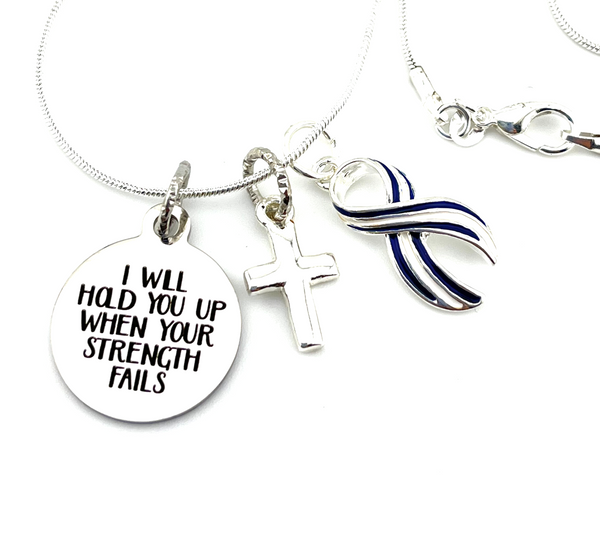 ALS / Blue & White Striped Ribbon Necklace -  I Will Hold You Up When Your Strength Fails