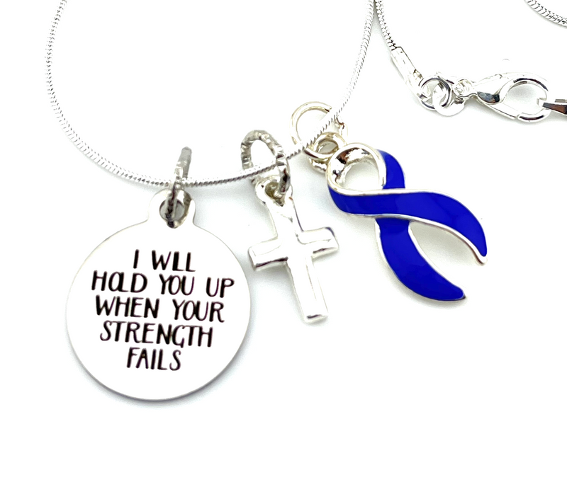 Periwinkle Ribbon Necklace -  I Will Hold You Up When Your Strength Fails / Encouragement Gift