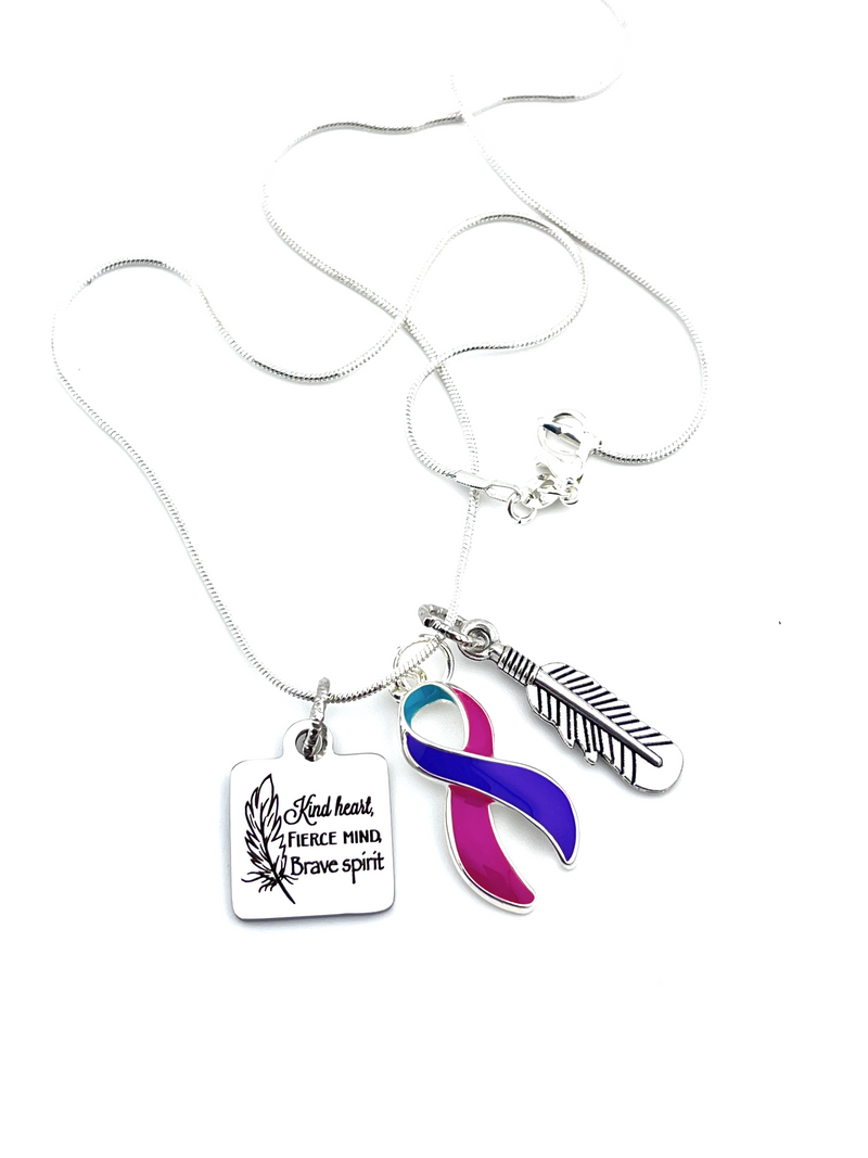 Pink Purple Teal (Thyroid Cancer) Ribbon - Kind Heart, Fierce Mind, Brave Spirit Necklace