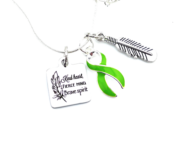 Lime Green Ribbon - Kind Heart, Fierce Mind, Brave Spirit Feather Necklace