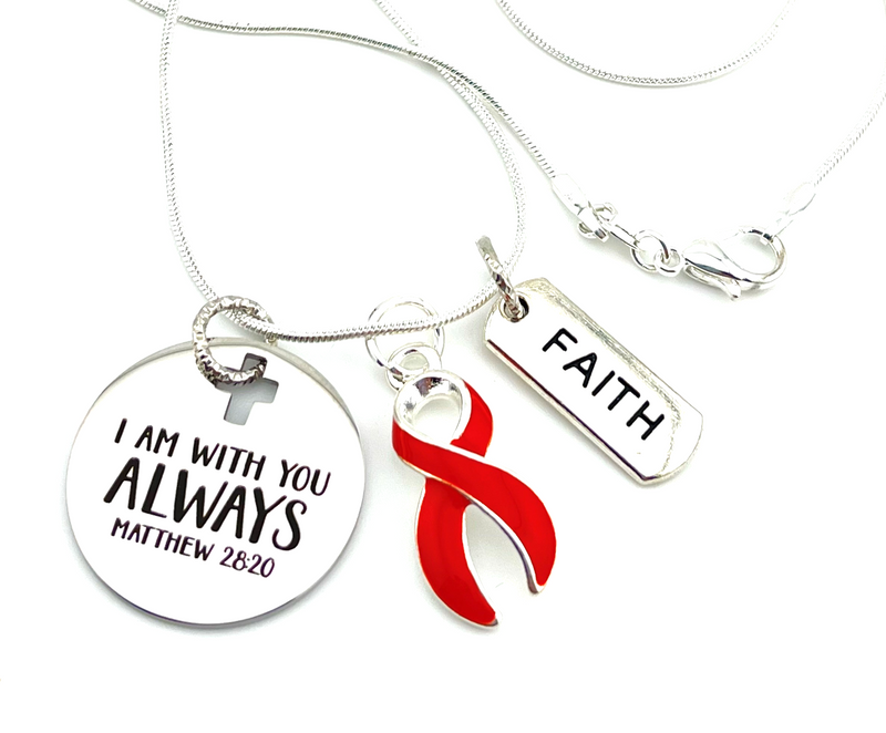 Red Ribbon Necklace - I Am With You Always - Matthew 28:20