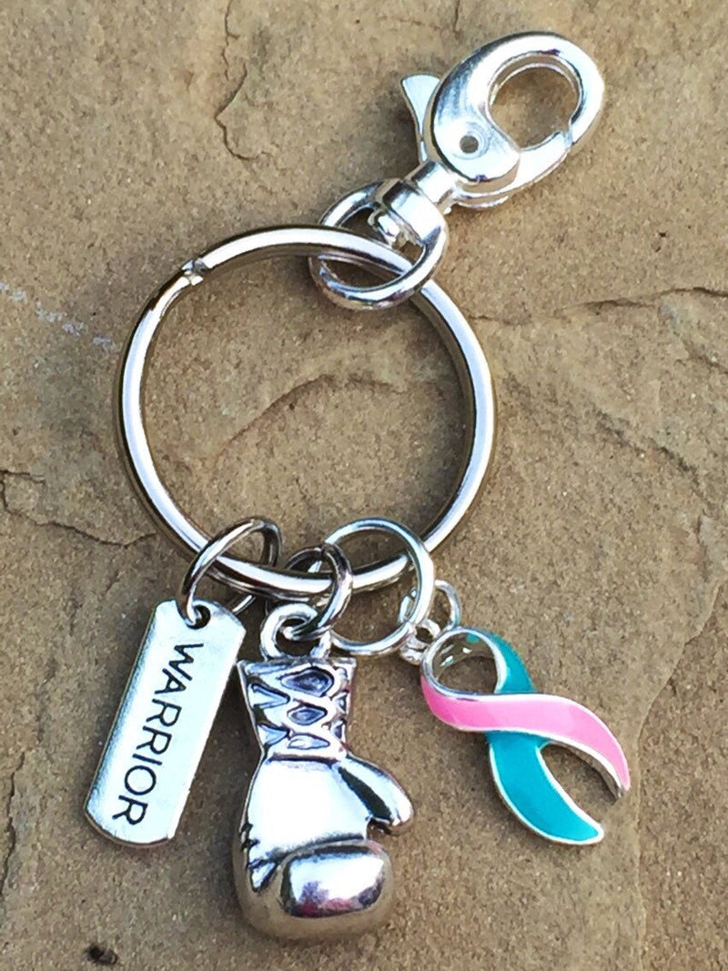 Pink & Teal (Previvor) Ribbon Keychain - Boxing Glove / Warrior Key Chain - Rock Your Cause Jewelry