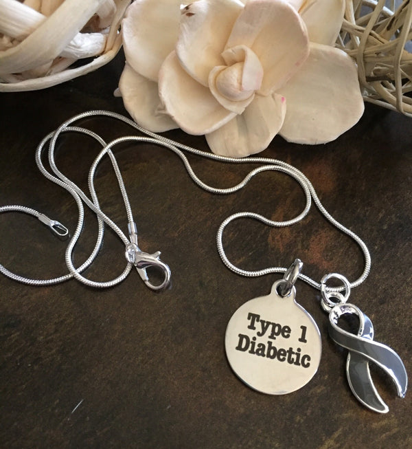 Gray (Grey) Ribbon Necklace or Bracelet - Type 1 and Type 2 Diabetes Awareness - Rock Your Cause Jewelry