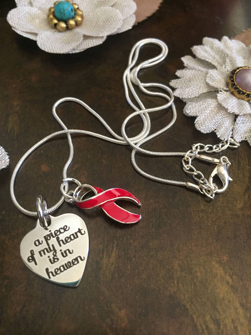 Red Ribbon Memorial / Sympathy Necklace - A Piece Of My Heart Is In Heaven - Rock Your Cause Jewelry