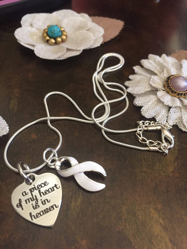 White Ribbon Sympathy Necklace - A Piece of my Heart is in Heaven - Rock Your Cause Jewelry