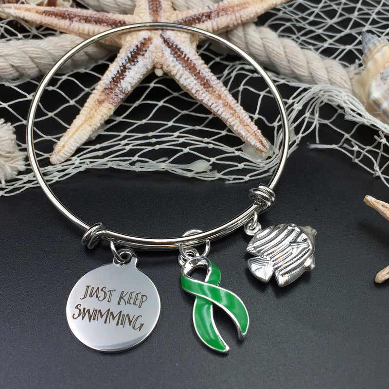 Green Ribbon Charm Bracelet OR Necklace - Just Keep Swimming - Rock Your Cause Jewelry