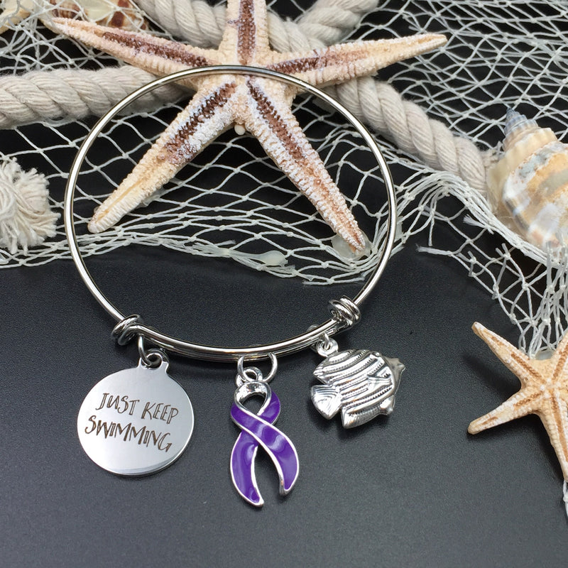 Purple Ribbon Necklace or Bracelet / Just Keep Swimming - Rock Your Cause Jewelry