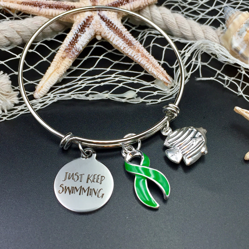 Just Keep Swimming Bracelet / Cancer Spoonie Chronic Illness Pain Survivor / Awareness Cancerversary Scanxiety Gift - Pick ANY RIBBON Color