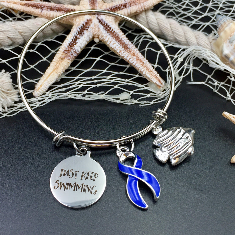 Just Keep Swimming Bracelet / Cancer Spoonie Chronic Illness Pain Survivor / Awareness Cancerversary Scanxiety Gift - Pick ANY RIBBON Color