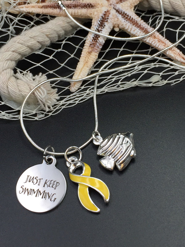 Just Keep Swimming Necklace / Fighting Cancer, Chronic Illness, Invisible Illness, Rare Disease, Cancer Survivor Spoonie - ANY RIBBON Color