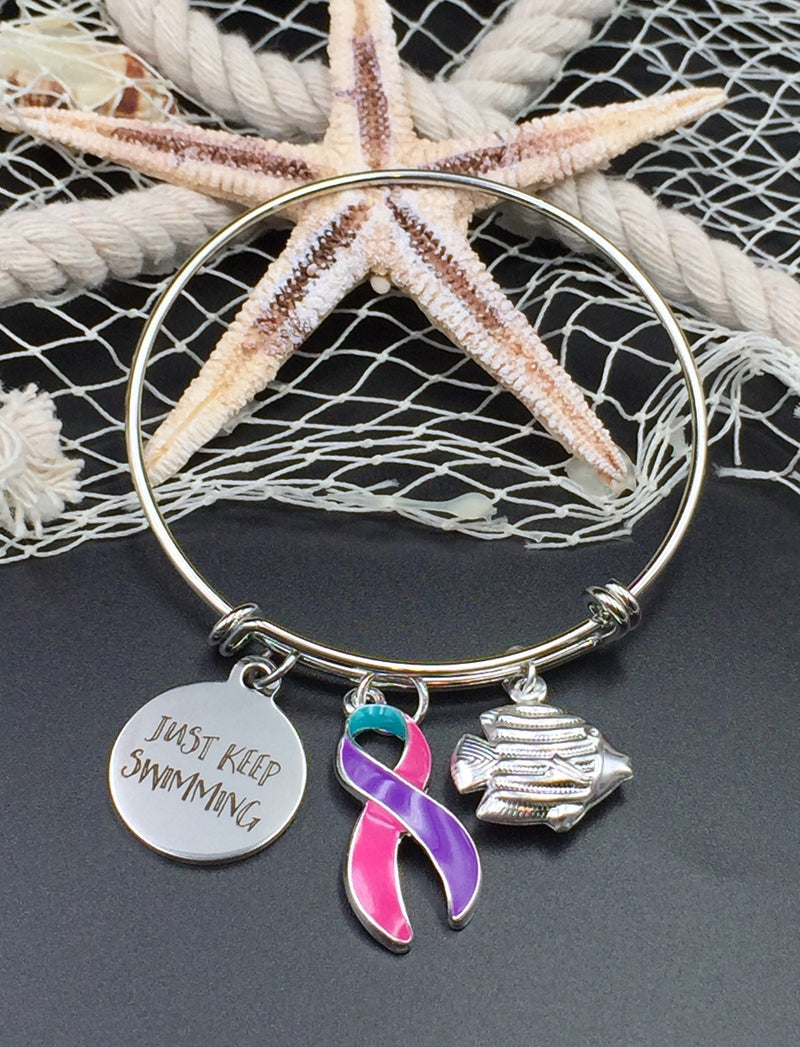 Pink Purple Teal (Thyroid) Ribbon - Just Keep Swimming Encouragement Necklace or Bracelet - Rock Your Cause Jewelry