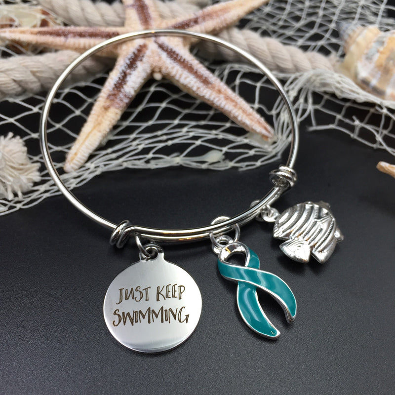 Teal Ribbon Jewelry - Just Keep Swimming Bracelet or Necklace - Rock Your Cause Jewelry