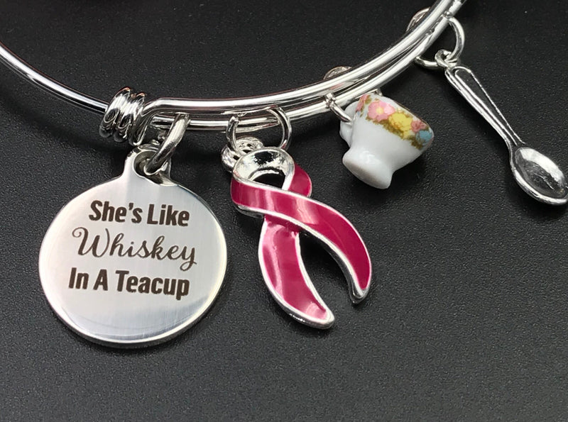 Burgundy Ribbon Charm Bracelet - She's Whiskey in Teacup - Rock Your Cause Jewelry