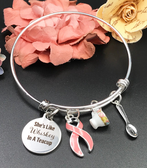 Pink Ribbon Charm Bracelet - She's Like Whiskey in a Teacup - Rock Your Cause Jewelry