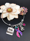 Pink Purple Teal (Thyroid Cancer) Ribbon - Total Badass - Boxing Glove Charm Bracelet - Rock Your Cause Jewelry