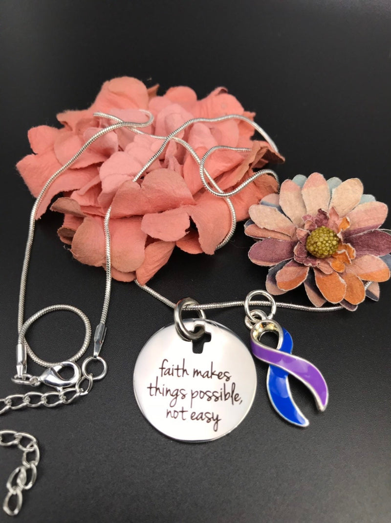 Blue & Purple Ribbon Necklace - Faith Makes Things Possible, Not Easy - Rock Your Cause Jewelry