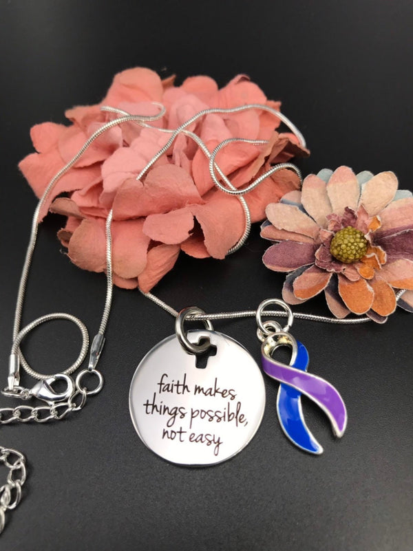 Blue & Purple Ribbon Necklace - Faith Makes Things Possible, Not Easy - Rock Your Cause Jewelry