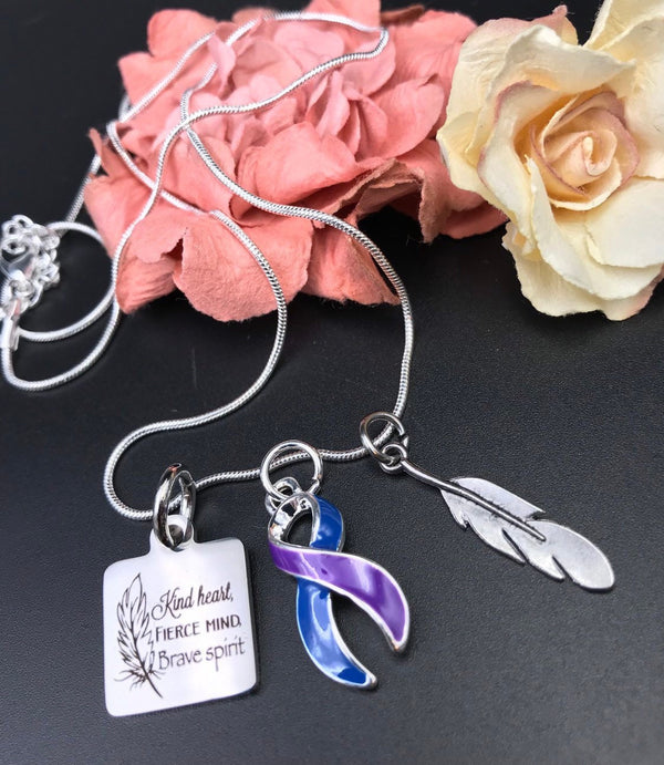 Blue & Purple Ribbon Necklace - Kind Heart, Fierce Mind, Brave Spirit - Rock Your Cause Jewelry