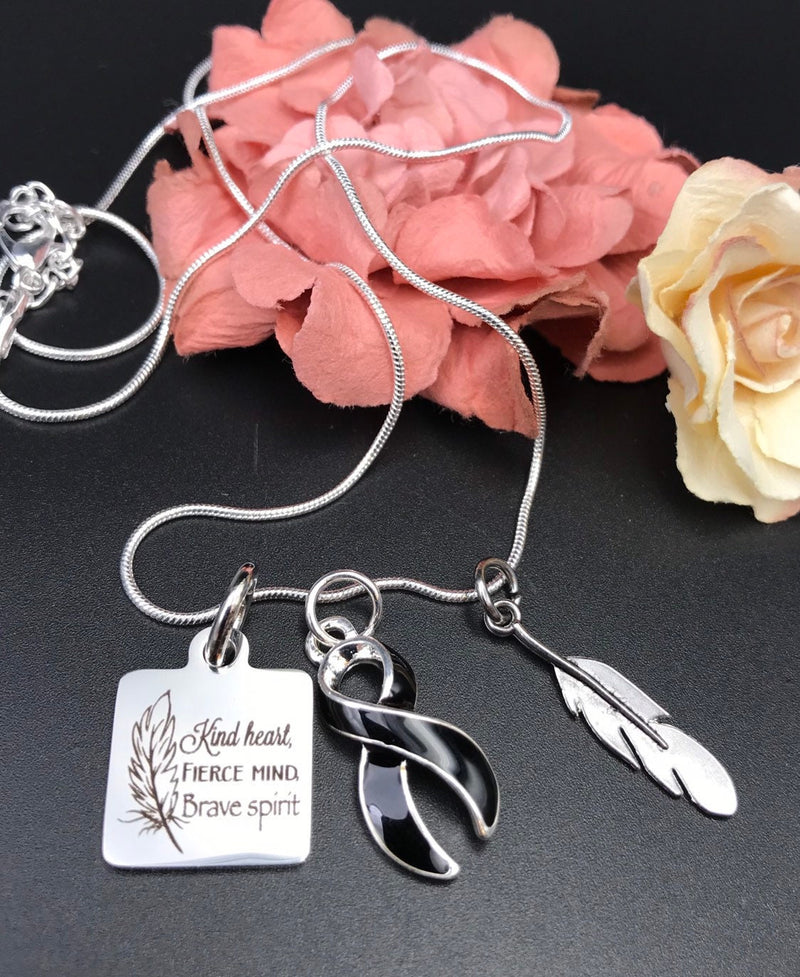 Black Ribbon Necklace - Kind Heart, Fierce Mind, Brave Spirit / Feather Necklace - Rock Your Cause Jewelry