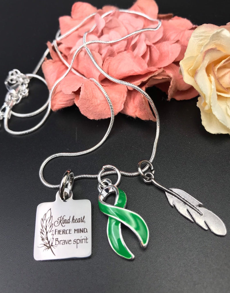 Green Ribbon Necklace - Kind Heart, Fierce Mind, Brave Spirit / Feather Necklace - Rock Your Cause Jewelry