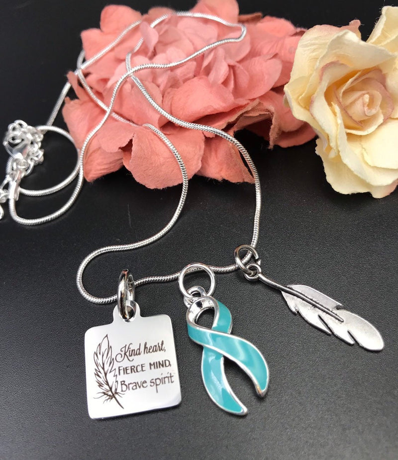Light Blue Ribbon Necklace - Kind Heart, Fierce Mind, Brave Spirit / Feather Necklace - Rock Your Cause Jewelry