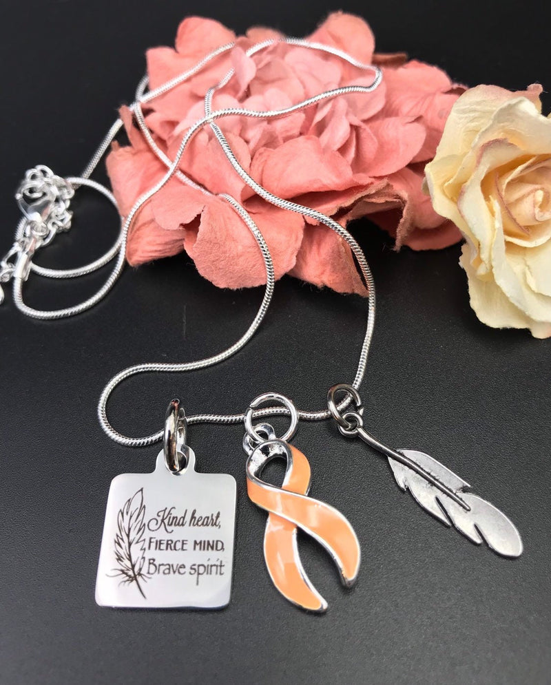 Peach Ribbon Necklace - Kind Heart, Fierce Mind, Brave Spirit Feather Necklace - Rock Your Cause Jewelry