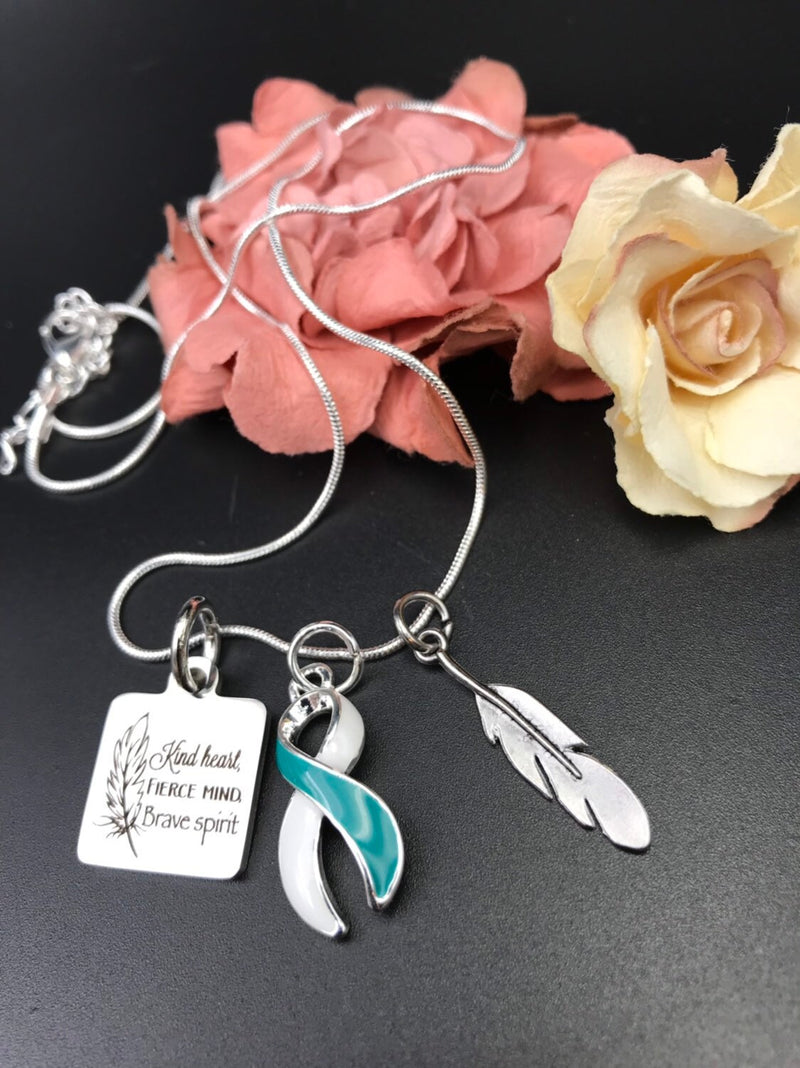 Teal & White Ribbon Necklace - Kind Heart, Fierce Mind, Brave Spirit / Feather Necklace - Rock Your Cause Jewelry